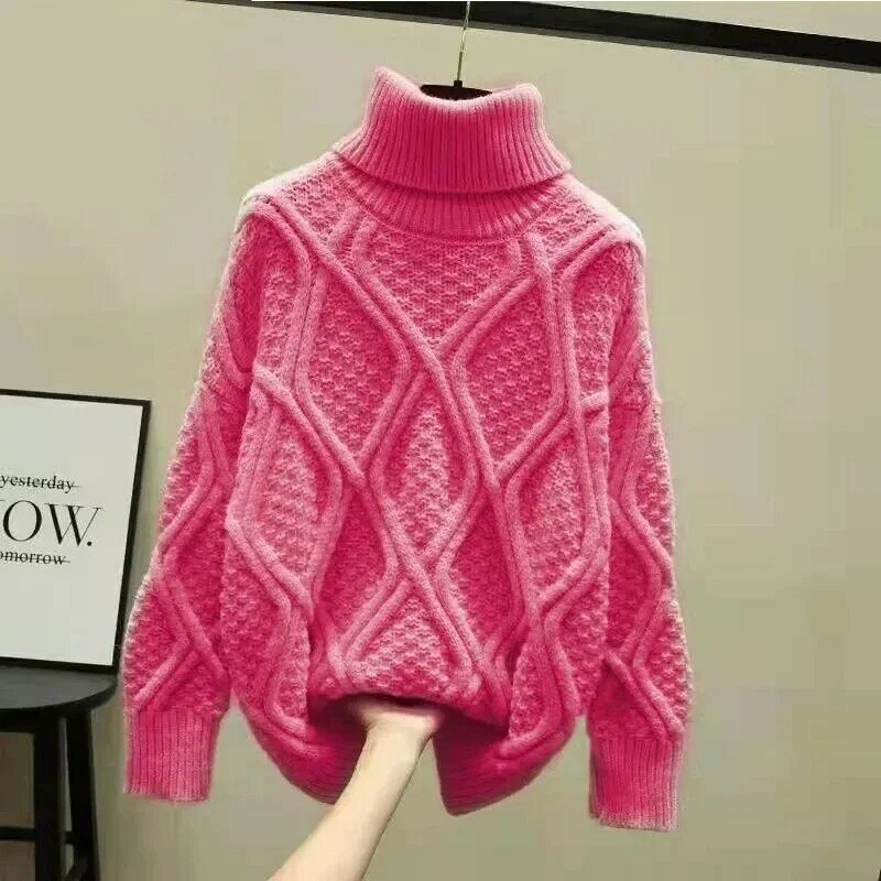 Na szyję sweter pluszowy jesienno-zimowy zagęszczony damski luźny 2024 nowy koreański ciepły sweter z dzianiny z dzianiny