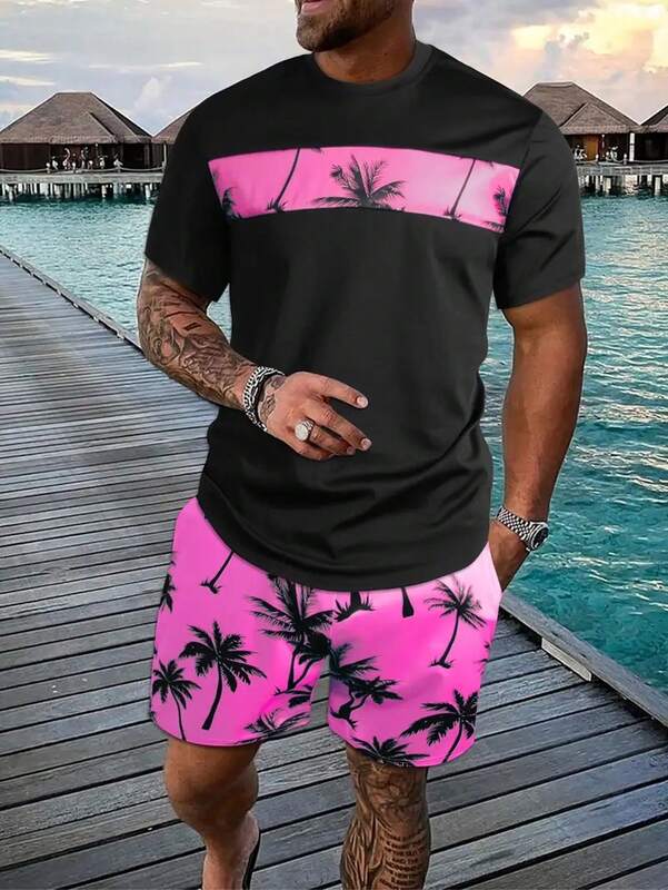 Fashion Color Matching Men's Set Two Casual and Comfortable Coconut Tree Beach Print Short Sleeve Shorts Set