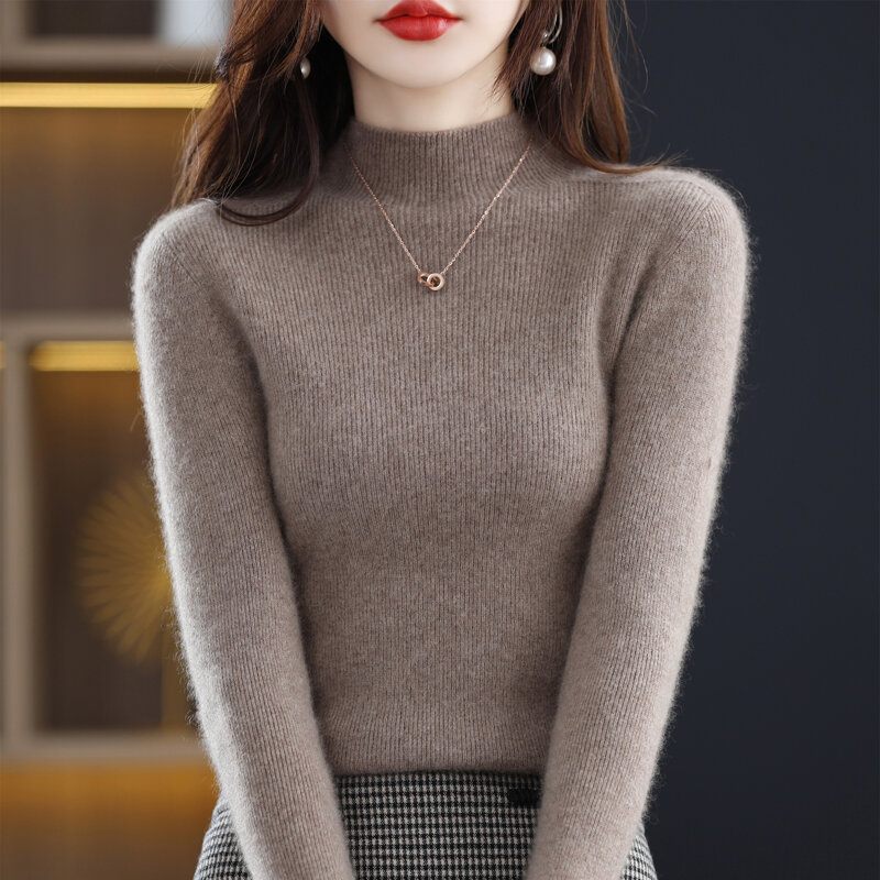 Suéter de lana 100% para mujer, jersey de cuello medio alto, suave y cálido, tejido de manga larga, otoño e invierno, Nueva Versión coreana, 2022