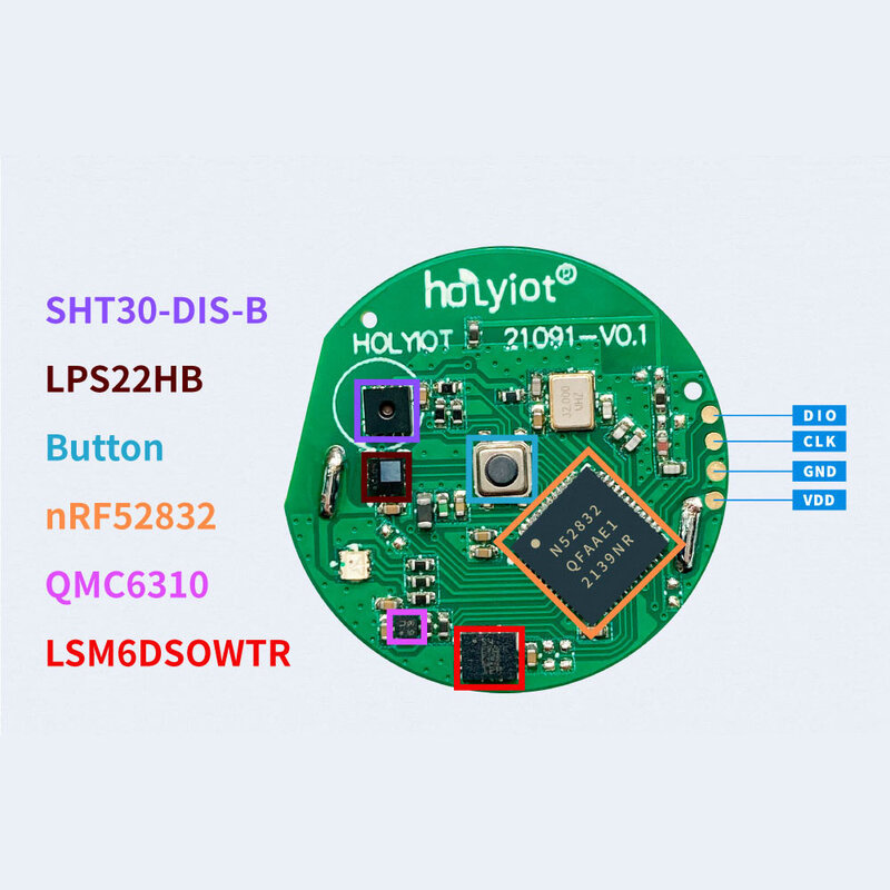 Holyiot nRF52832 sensor de movimiento ble de 9 ejes acelerómetro giroscopio magnetómetro sensor temperatura humedad y barómetro