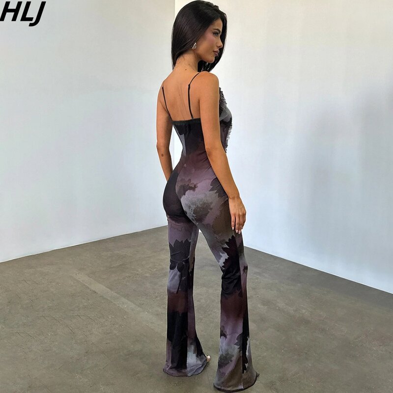 HLJ Fashion Mesh Tie Dye Print Perspective Hollow Jumpsuits Women Deep V Thin Strap Sleeveless Backless Bodycon Party Playsuits