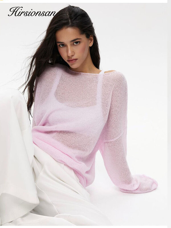 Hirsionsan Sweater wanita, elegan Musim Panas 2024 kasual mode longgar pullover Chic Pink putih Jumper Sueter Mujer