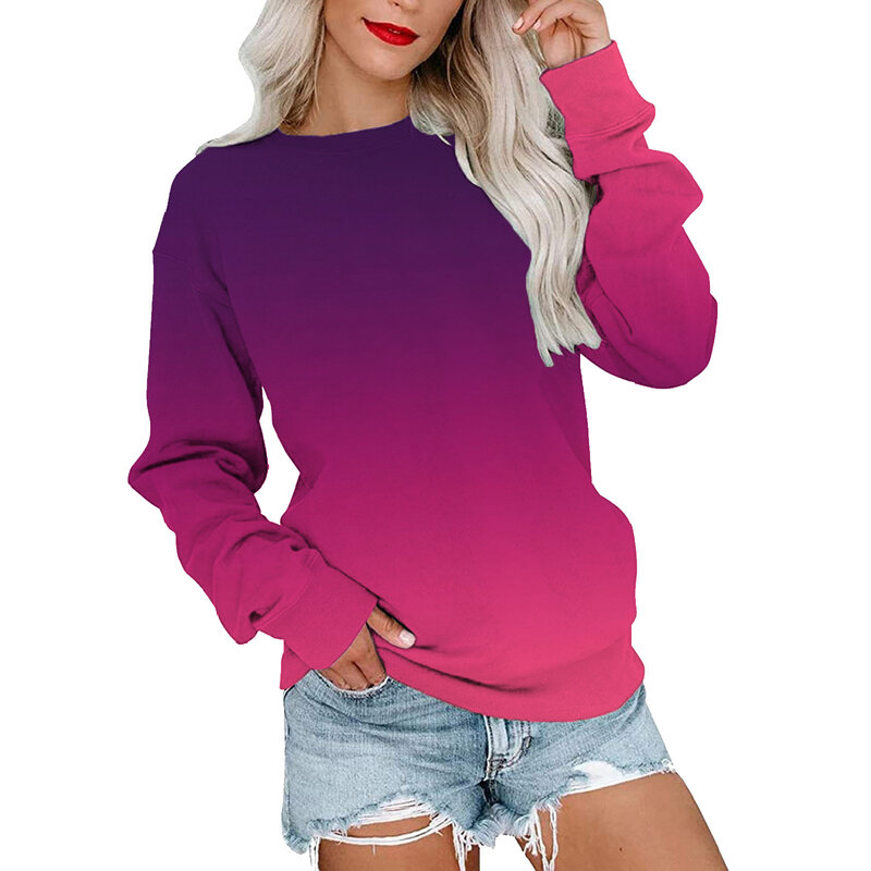 Sweater wanita, pakaian Sweater perempuan leher bulat gradien cetak 3D