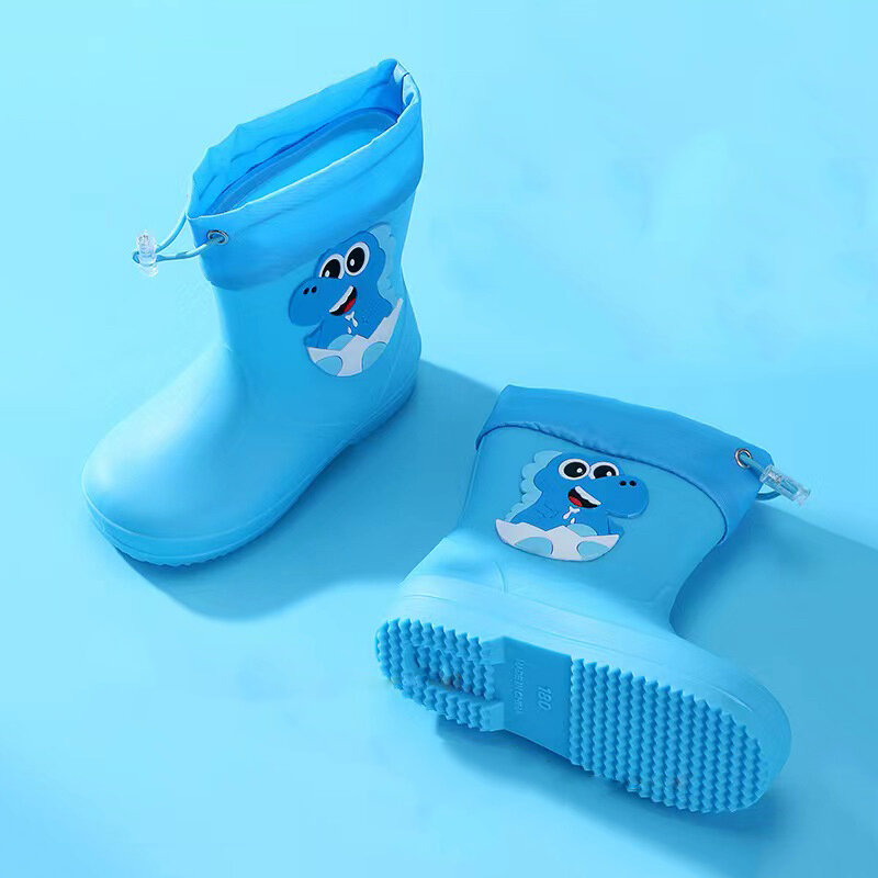 Sepatu bot hujan anak perempuan, sepatu bot hujan anti licin tali pengencang kartun dinosaurus lucu tahan air untuk bayi perempuan