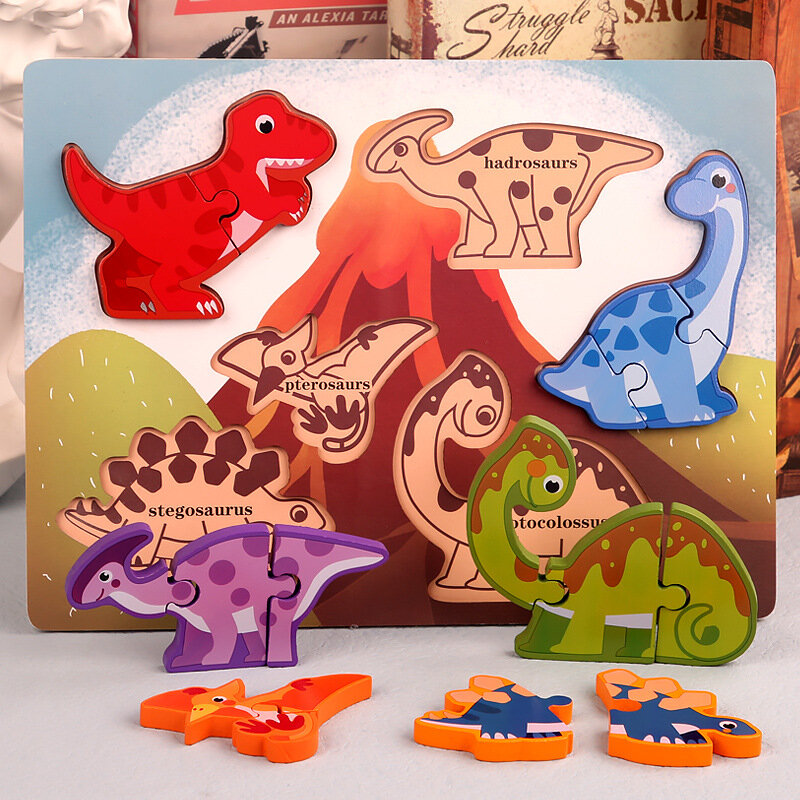 Papan Puzzle bentuk kayu yang cocok hewan dinosaurus buah lalu lintas sayuran kognisi anak pendidikan dini mainan Montessori