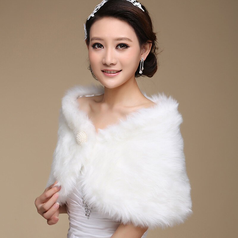 Hot Sale Fashion Elegant Accessories Warm Faux Fur Ivory Bolero Wedding Wrap Shawl Bridal Jacket Coat Accessories Pearl