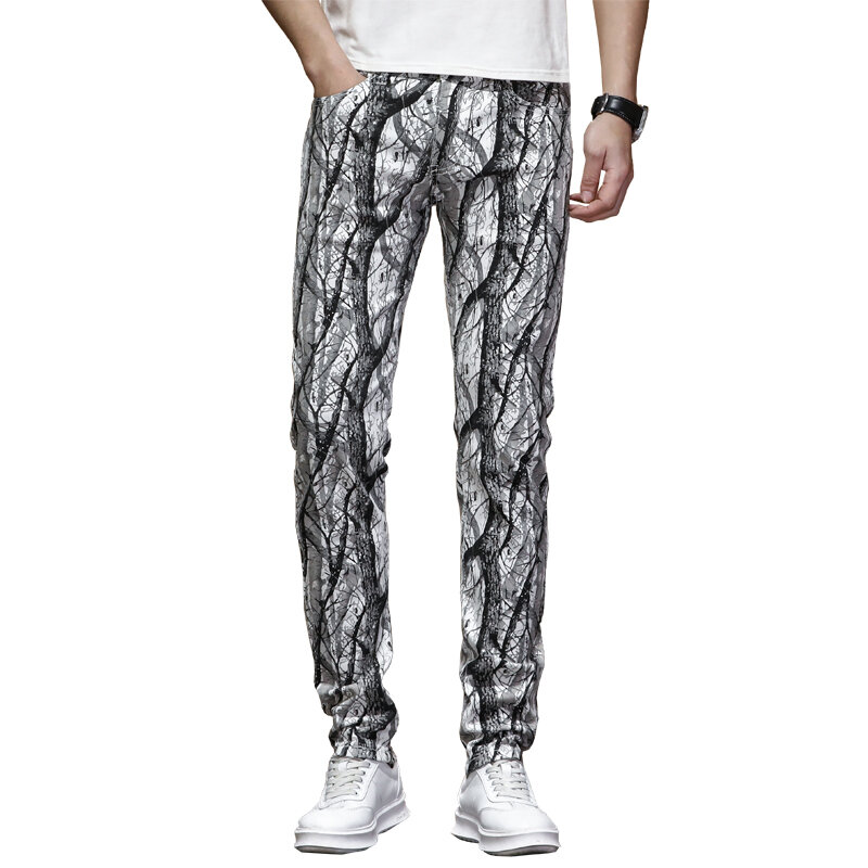 Мужские джинсы с цифровым принтом, облегающие брюки стрейч в повседневном стиле, весна-лето 2024