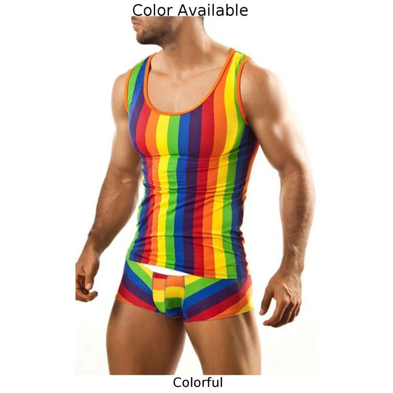Tank Men Pajamas Set Daily Office Tight Colorful Comfortable Gym M-3XL Muscle Rainbow Round Collar Comfortable