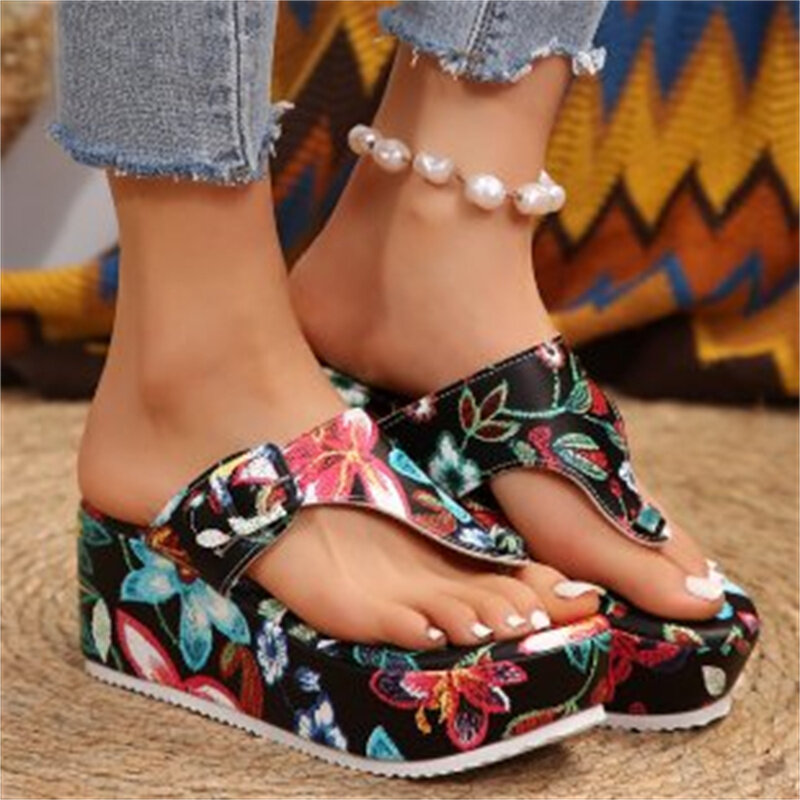 Women's Leather Print Clip Toe Wedge Flip Flops 2024 Summer Chunky Platform Beach Sandals Woman Thick Sole High Heel Slippers