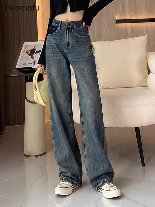 Duomofu Vintage niebieski Chicly z wysokim stanem Slim Casual damskie jeansy jesienna, w stylu Basic proste guziki luźne kobiece dżinsy na całej długości