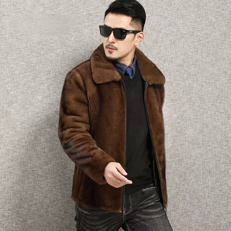 Mink Real Fur Coat for Men Coffee Brown Whole Mink Fur Jacket Male Lapel Business Gentleman Fur Clothing Men's Winter Coats FCY
