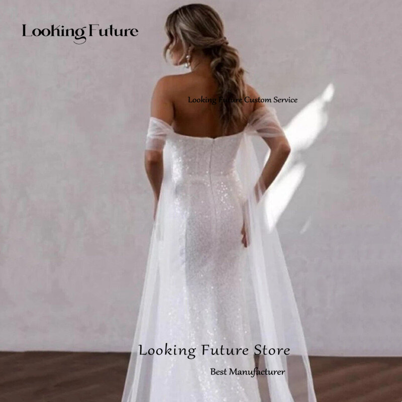 Vestido de novia blanco de tul de sirena sin tirantes, traje Formal con pliegues y cuentas brillantes, hombros descubiertos, Espalda descubierta, 2024