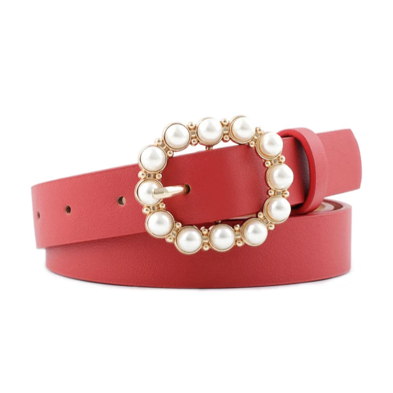 Cinturón fino de cuero PU para mujer, cinturón decorativo de perlas a la moda, hebilla de pin redondo, informal
