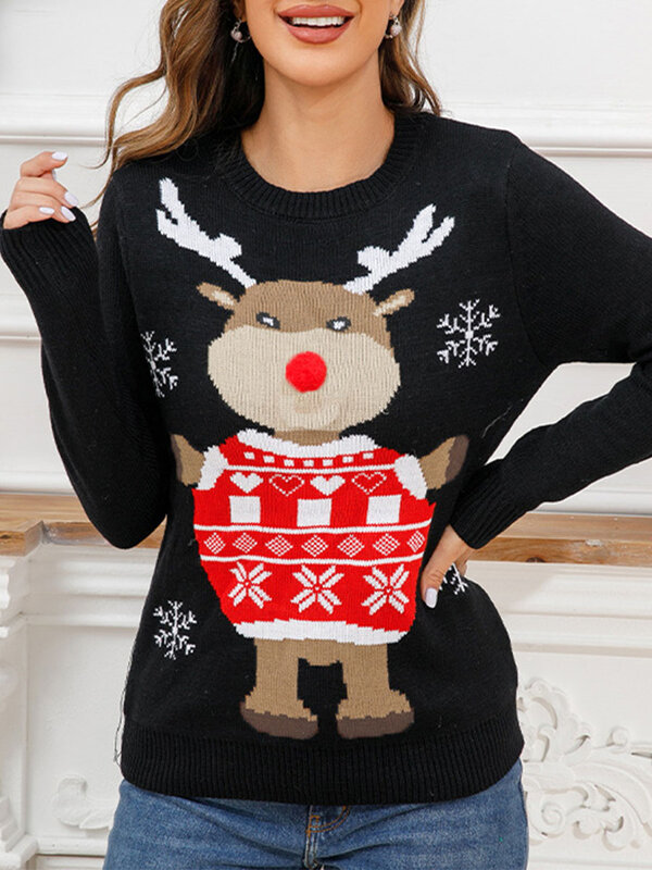 Women Christmas Sweater Winter Long Sleeve Round Neck Reindeer Pattern Loose Fit Pullover Tops