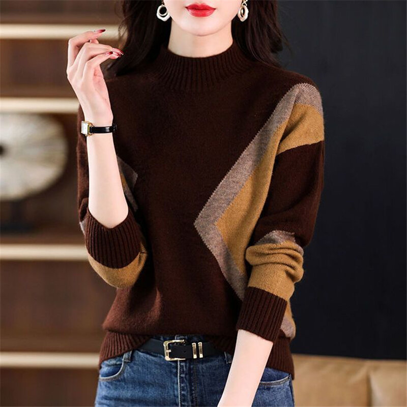 女性のカジュアルな長袖セーター,韓国のファッション,対照的な色のニットセーター