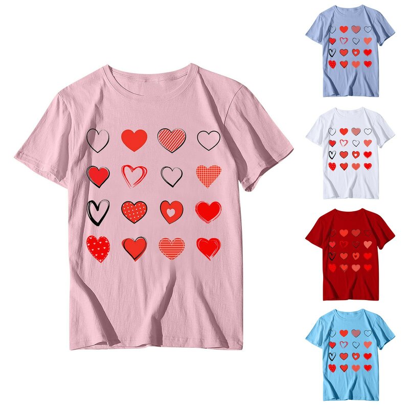 Camisa estampada para el Día de San Valentín para mujer, Jersey informal holgado de cuello redondo, Top de manga corta, llamativo y versátil