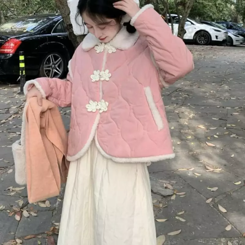 Chiński styl zimowe parki damskie workowate różowe Vintage słodkie pikowane wypoczynek futrzana dziewczyna delikatne zagęszczone z guzikami damskie płaszcze