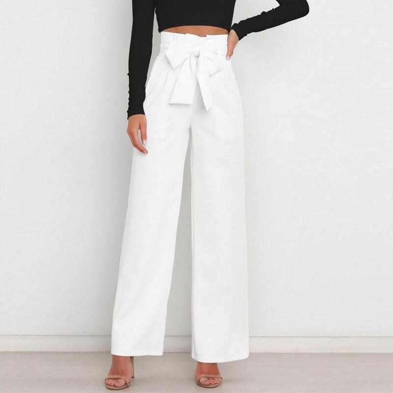 Office Lady Pants Elegant Lace-up Wide Leg Pants for Women High Waist Office Lady Trousers with Pockets Stylish Streetwear