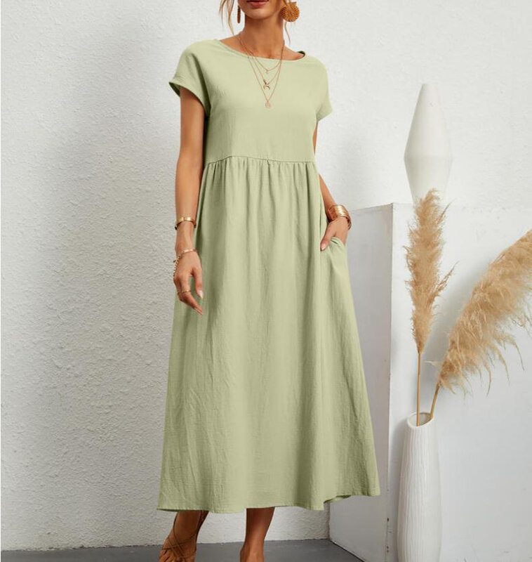 Платье женское длинное с коротким рукавом, элегантное однотонное хлопково-льняное удобное свободное в винтажном стиле Харадзюку, с круглым вырезом и карманами, на лето