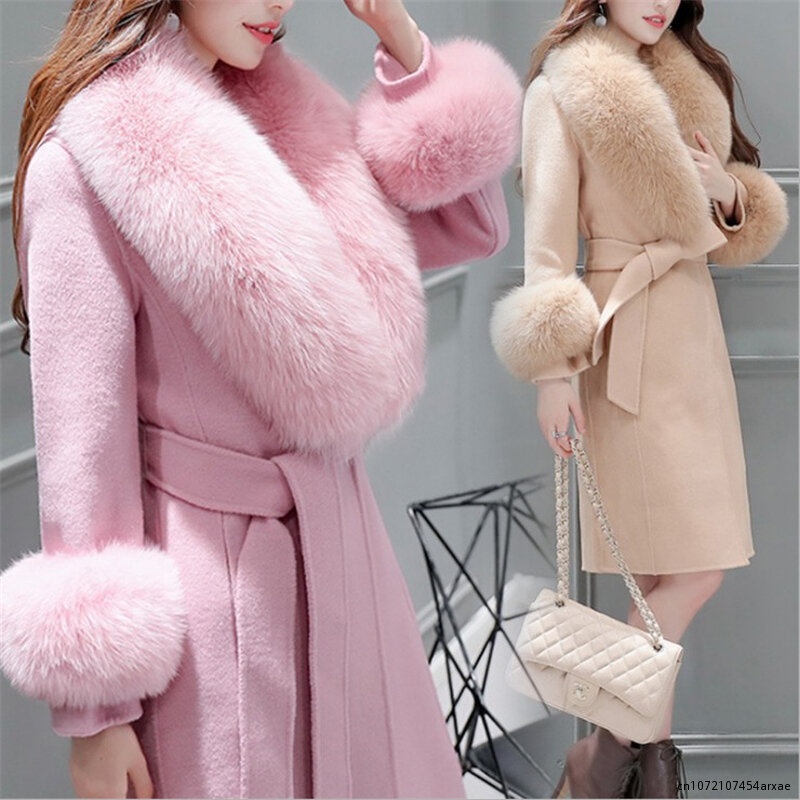 Autumn Winter New Women's Slim Trench Woolen Coat OL Mid-Length Faux Fur Collar Solid Color Lacing Woolen Outerwear Female