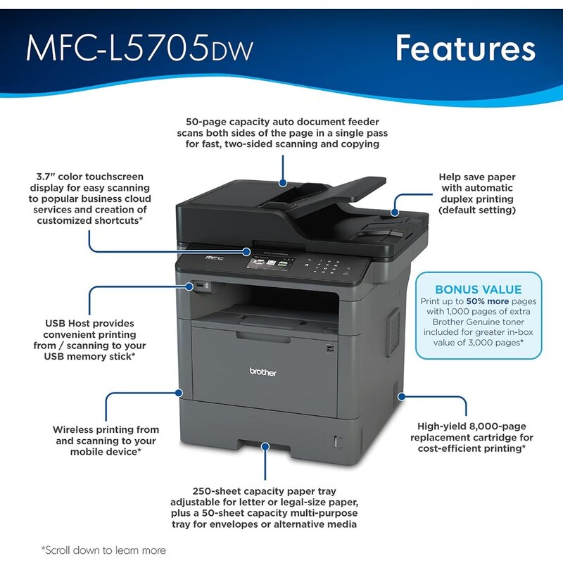 Monochrome Laser All-in-One MFCL5705DW, up to 1,000 Extra Pages of Additional Toner Included in Box‡