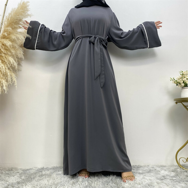 Lace-up Dresses for Women Musulman Muslim Dubai Abaya Solid Simple Long Dresses Women with Sashes Islam Clothing Abaya Kaftan