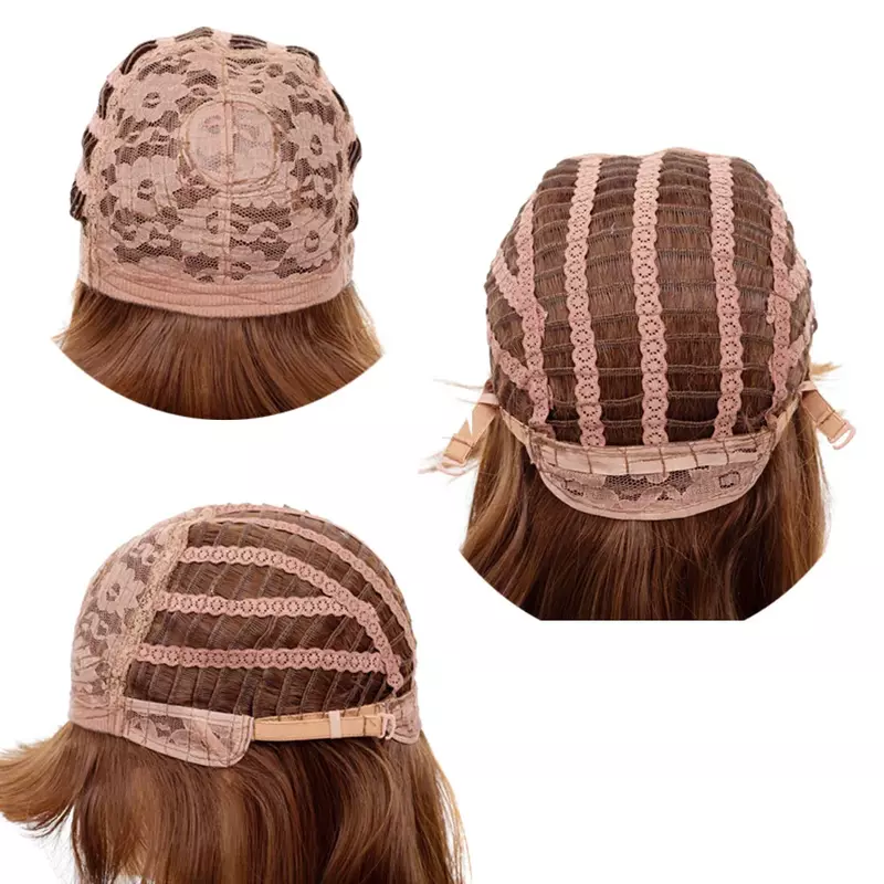 女性のためのフリンジ付きの短い波状のヘアウィッグ、合成カーブウィッグ、黒、ピンク、茶色の色、毎日のパーティー