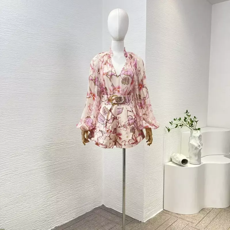 Pink 2023 New High Quality Vintage Casual Floral Print Long Lantern Sleeve Lace-up V-neck Blouse and Belted Shorts Women Set