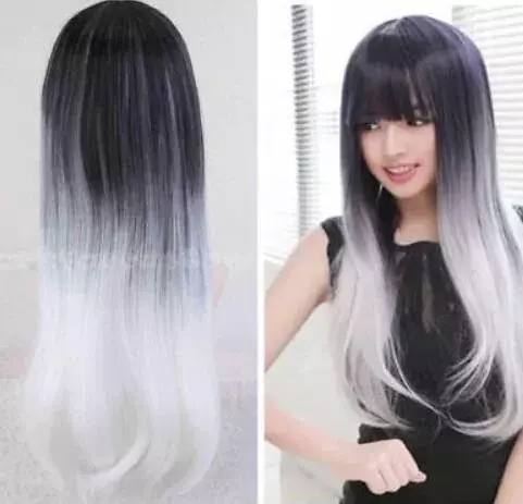 Gratis pengiriman Wig hitam & putih perak wanita rambut palsu penuh Anime Cosplay rambut lurus panjang