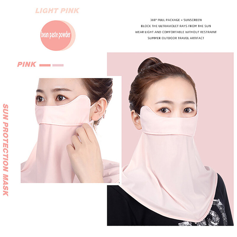 Máscara protetor solar de seda de gelo ao ar livre para mulheres, anti-UV, lenço respirável de secagem rápida, proteção para o pescoço, faixa de orelha pendurada, verão