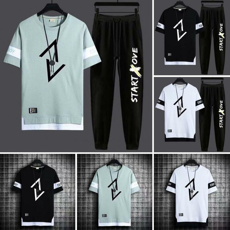 Conjunto Sportswear de secagem rápida masculino, camiseta casual com impressão letra, moletom de perna larga, roupa esportiva elástica