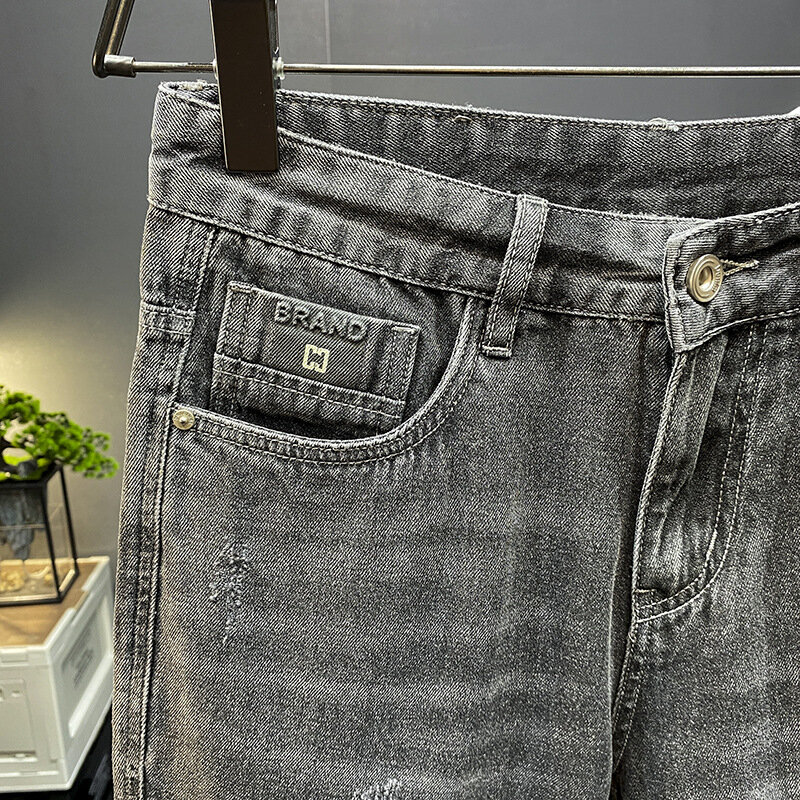 Pantalones cortos sueltos finos para hombre, jeans de costura de alta gama, marca de moda, informales, combinan con todo, Pu Shuai Fifth Pants, verano, 2024