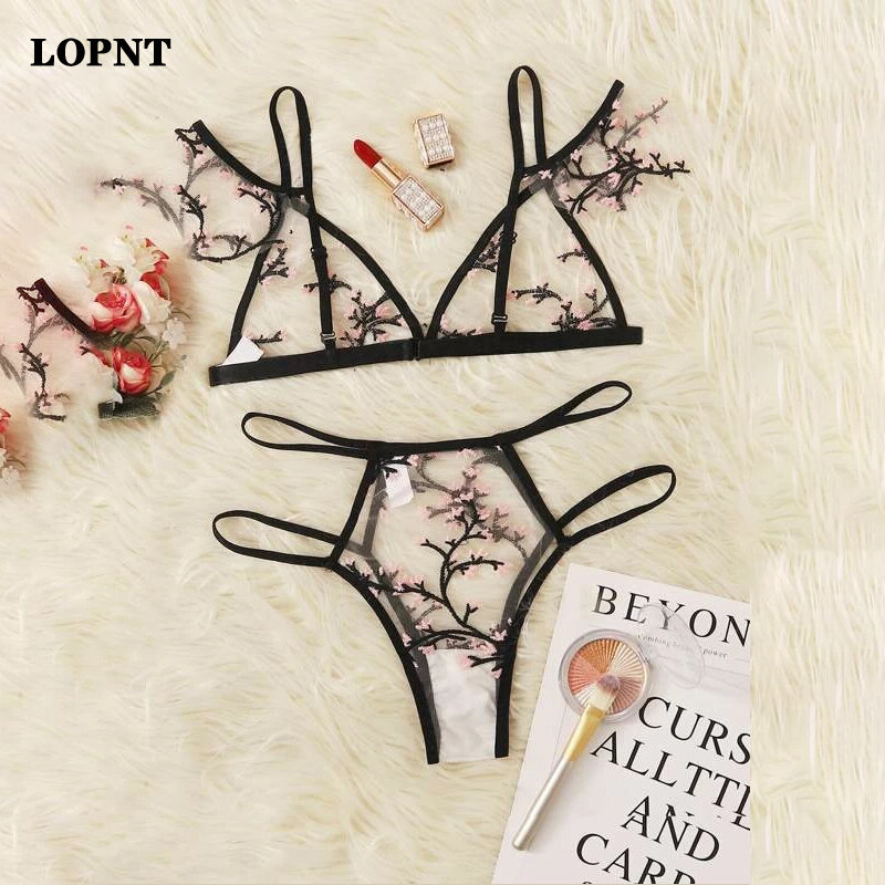 LOPNT Sexy underwear women set Floral Embroidery Sheer Mesh Lingerie Set no bra Backless Bralette sexi Intimates lace bra set