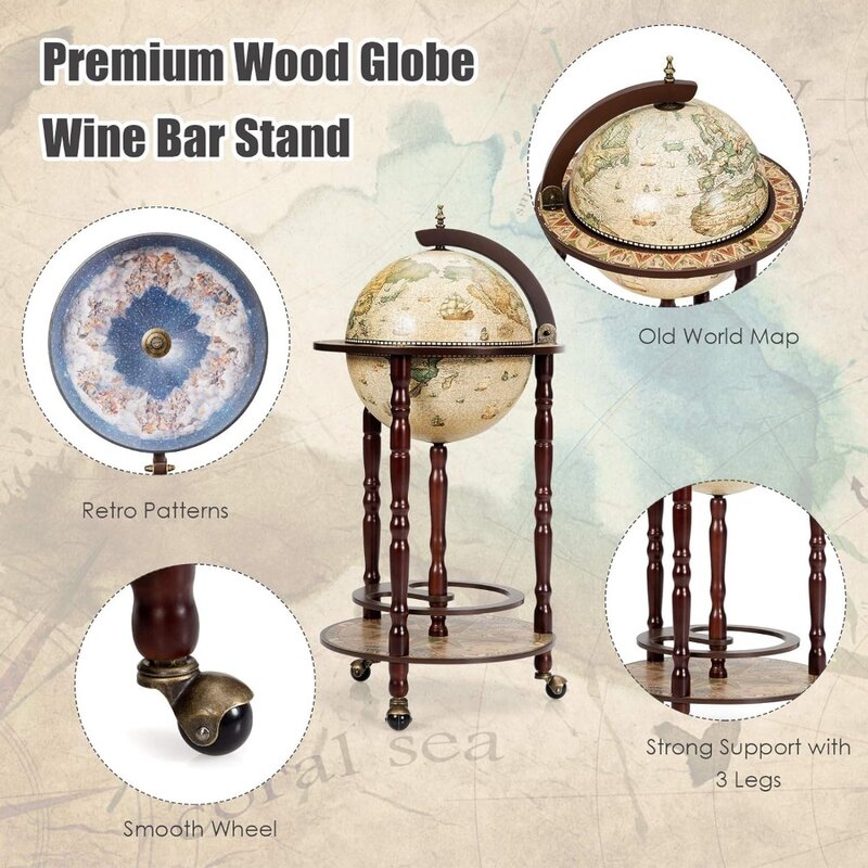 MEDIMALL-Globe Bar en bois français ou armoire, support de bar de cimetière italien du 16e siècle pour le vin français, les verres à pied, chariot vintage