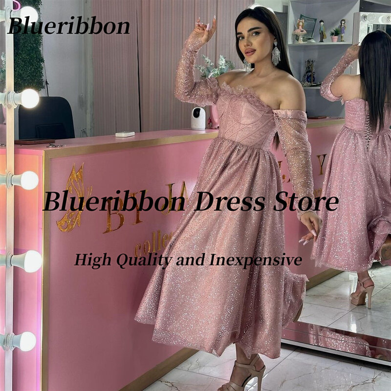 Blueribbon Shinny Prom Dresses 2024 Sweetheart Long Sleeves Homecoming Party Dress Lace Up Back Evening Gowns Lace Up Back