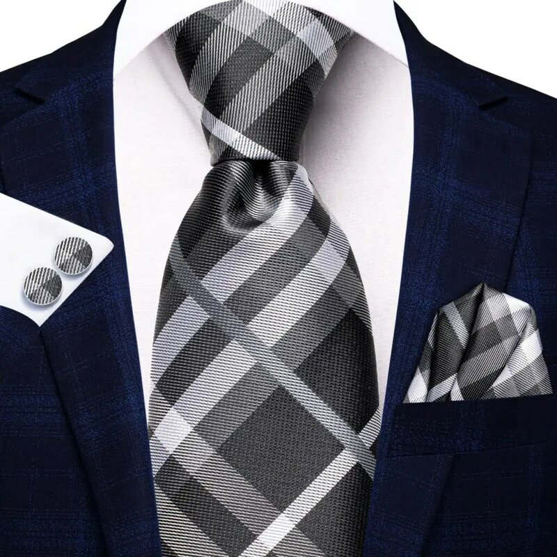 Krawat jedwabny dla mężczyzn biały szary Plaid Hanky zestaw spinek do mankietów wesele biznes mężczyźni krawat moda marka Hi-Tie 2022 nowy mężczyzna krawat