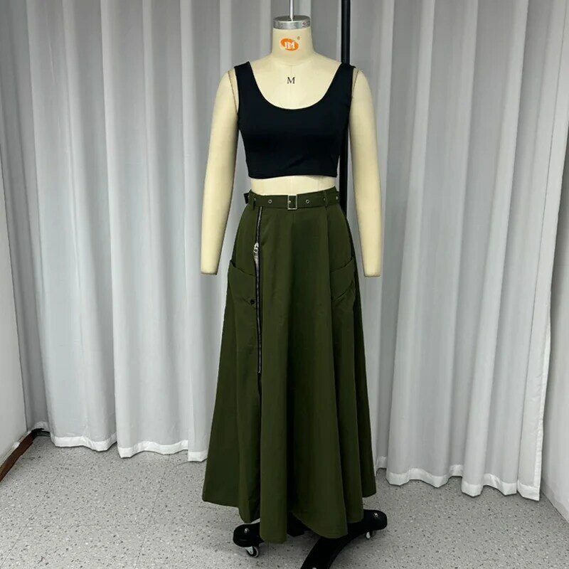 Women Stylish Solid Round Neck Sleeveless High Waist Vest Slim Top Loose With Pockets Zipper Long Skirt 2 Piece Set