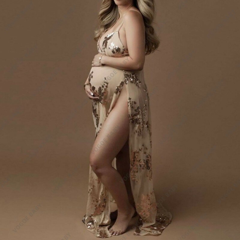Sexy Maternity Photography Dress Pregnant Strap Deep V-neck Transparent Mesh Flower Sequins Dinner Dress Baby Shower Gown