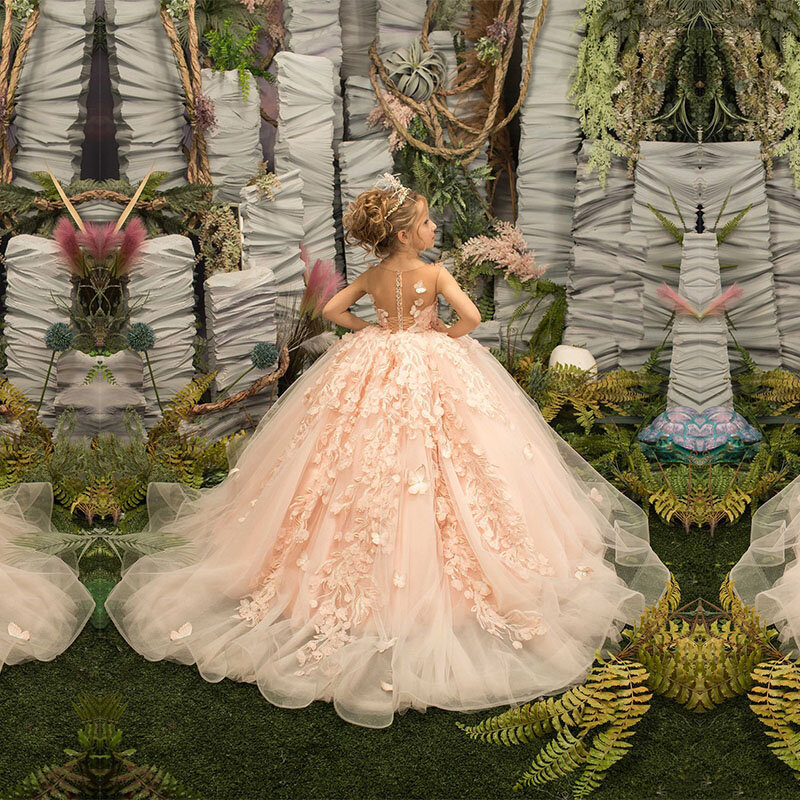 FATAPAESE-3D Vestido bordado floral para criança, vestido de baile fofo para dama de honra, florista, casamento, princesa, noite, baile, festa, garoto