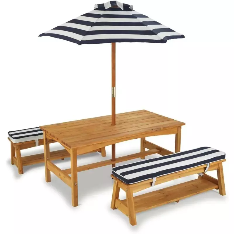 Holztisch und Bank im Freien mit Kissen und Regenschirm, Gartenmöbeln, Terrassen möbeln, Outdoor-Set, versand kostenfrei