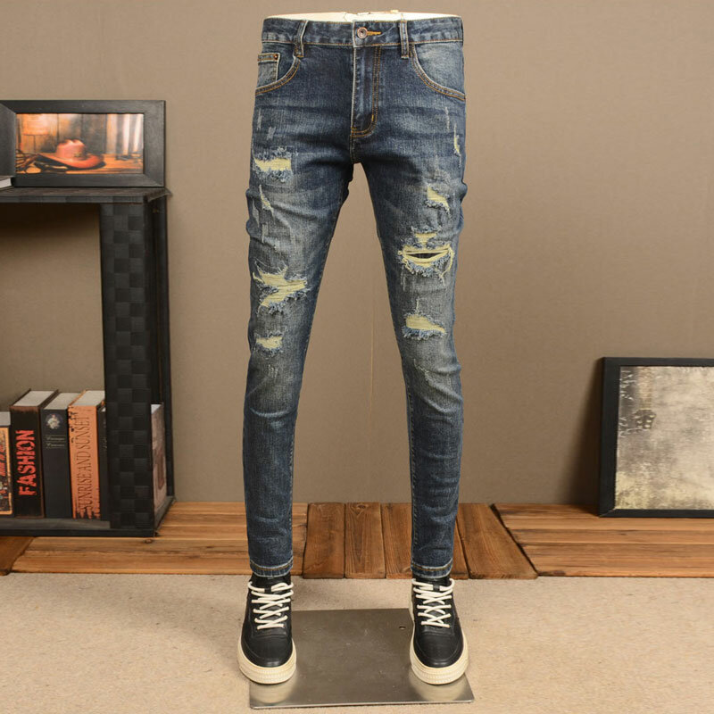Celana Jeans sobek untuk pria, celana Denim kasual gaya Korea, celana Jeans Retro biru elastis Slim Fit robek, pakaian jalanan kasual desainer Vintage