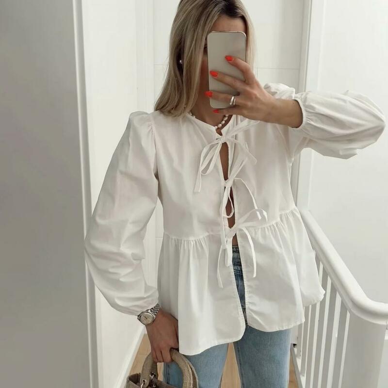 Elegant Lace Up Bow Shirt Women V Neck Puff Sleeve Lady Blouse 2024 New Spring Summer Korean Simple Casual Street Shirt Top