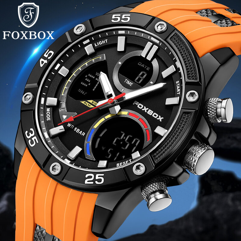 FOXBOX Original Digital Watch Men Military Sports Chronograph Quartz Wristwatches Fashion Silicone Waterproof Alarm Clock Male