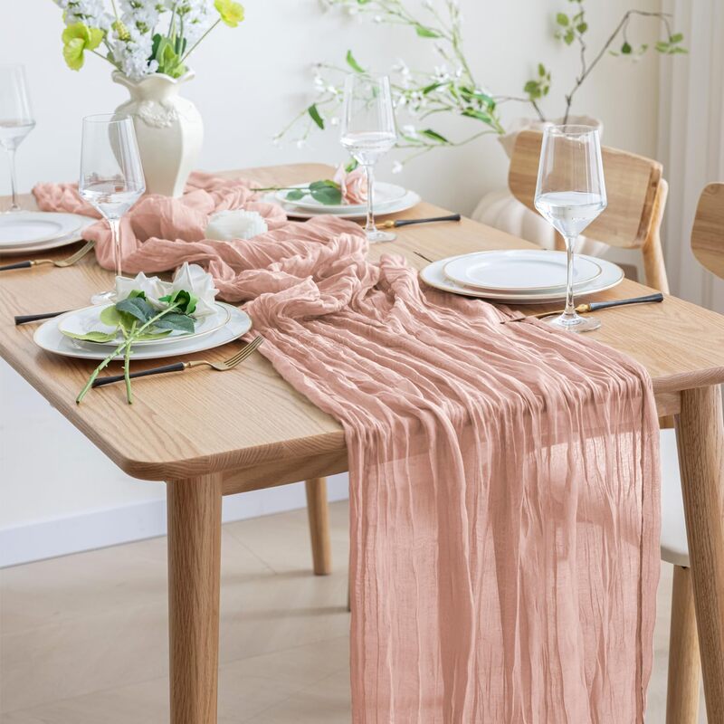 6 buah taplak meja kain kasa tipis semi-tipis merah muda Dusty taplak meja makan pesta pernikahan dekorasi kue Lengkungan Natal
