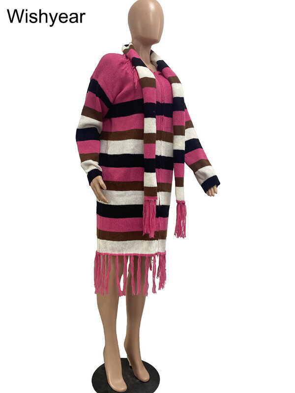 Kolorowy Patchwork dzianinowe swetry długi sweter z frędzlami z szalikiem kurtki damskie z długim rękawem na suwak urodzinowe płaszcze uliczne