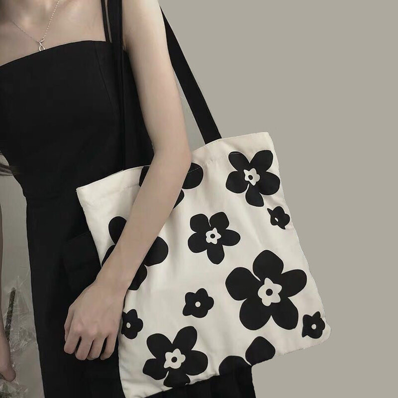 Холщовая Сумка с черными и белыми цветами для женщин, вместительный тоут, студенческие сумки на плечо