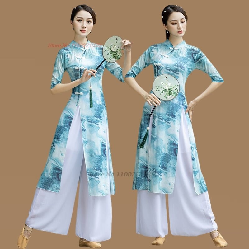 2024 kostum dansa antik Cina atasan qipao cetak bunga + Celana set oriental latihan tari rakyat tari panggung qipao tari
