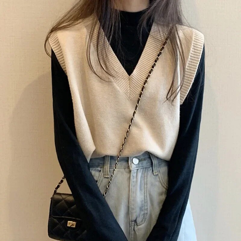 Rompi Sweater rajut wanita, pakaian luar atasan Pullover V-Neck tanpa lengan, Sweater Vintage longgar pendek musim semi musim gugur 2023