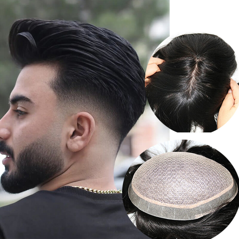 TOP M-lace Silk Base Men Toupee With PU and Swiss Lace 100% Human Hair Straight Natural Scalp  For Men 8X10 Toupee