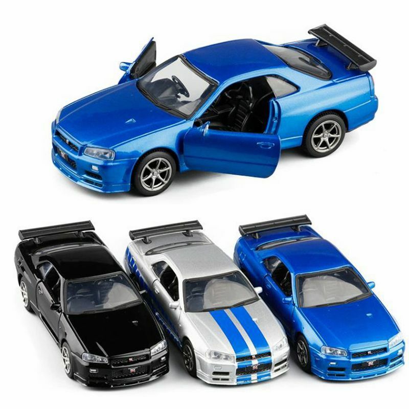 Coche de juguete Nissan Skyline GTR R34, modelo en miniatura de Metal fundido a presión, se pueden abrir puertas traseras que, regalo de colección para niños, 1/36